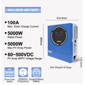 Гібридний інвертор ANENJI New 5KW 48V MPPT Wi-Fi (чистая синусоида, 5000Вт)